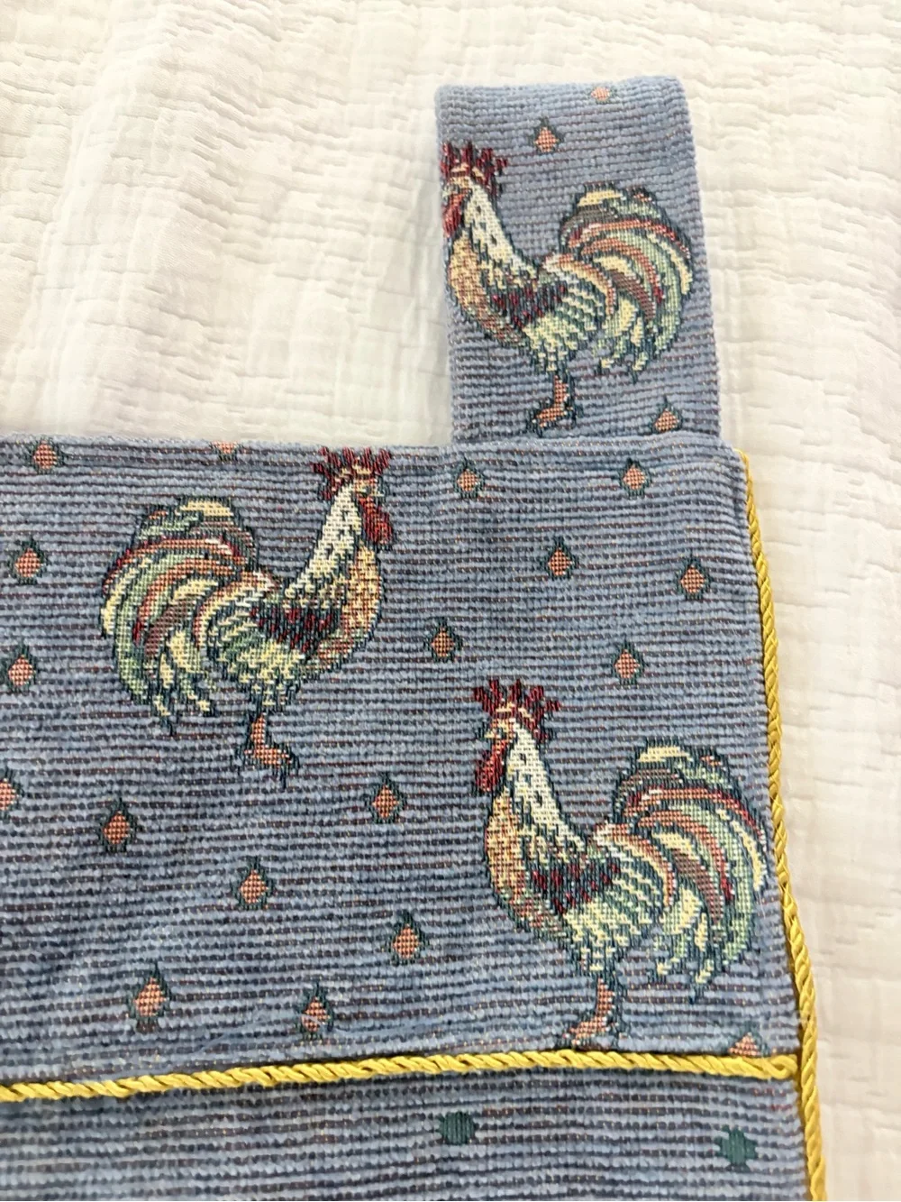 Vintage Rooster Print Window Valance in Denim Blue with Gold Tassels